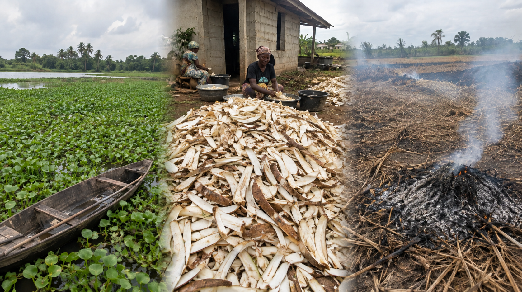 Water hyacinth harvest, cassava peel drying, and crop residue as digester feedstock
