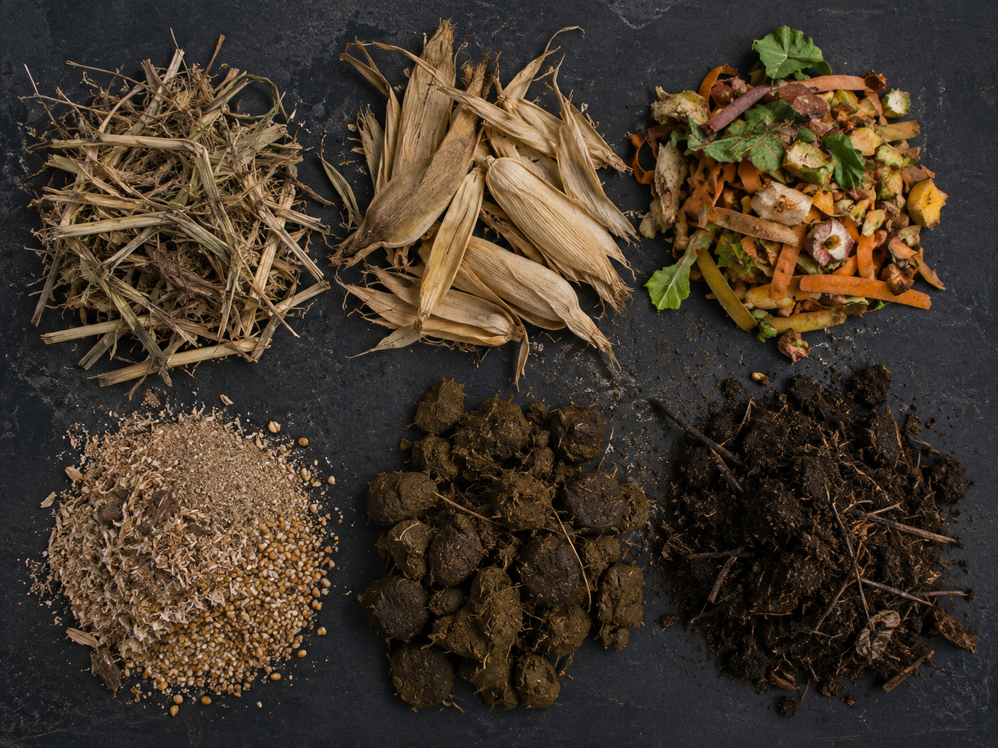 Crop residue, food waste, poultry litter, animal dung, and soil feedstocks