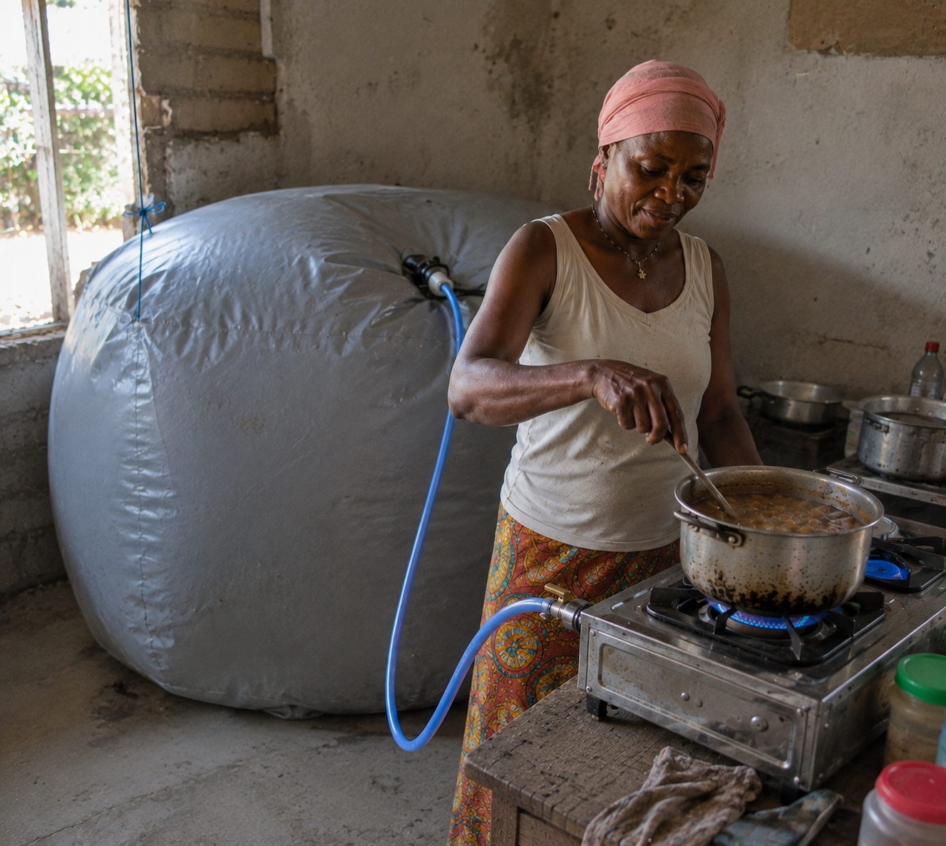 A woman cooking on a steady blue gas flame fed by a portable biogas pod