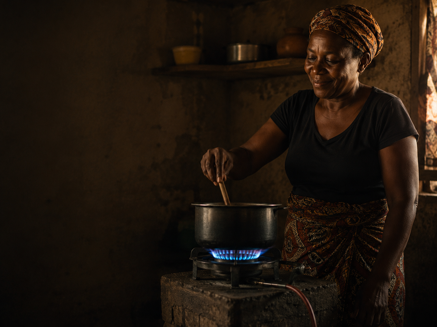 A woman cooking on a steady blue gas flame
