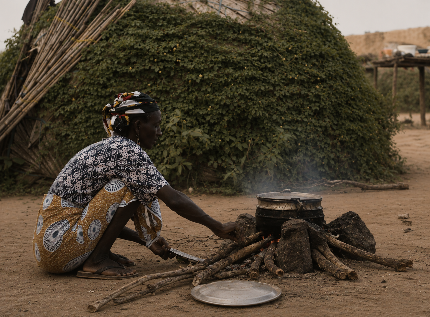Why Now / Energy — smoke from a wood/charcoal cooking fire in a kitchen.