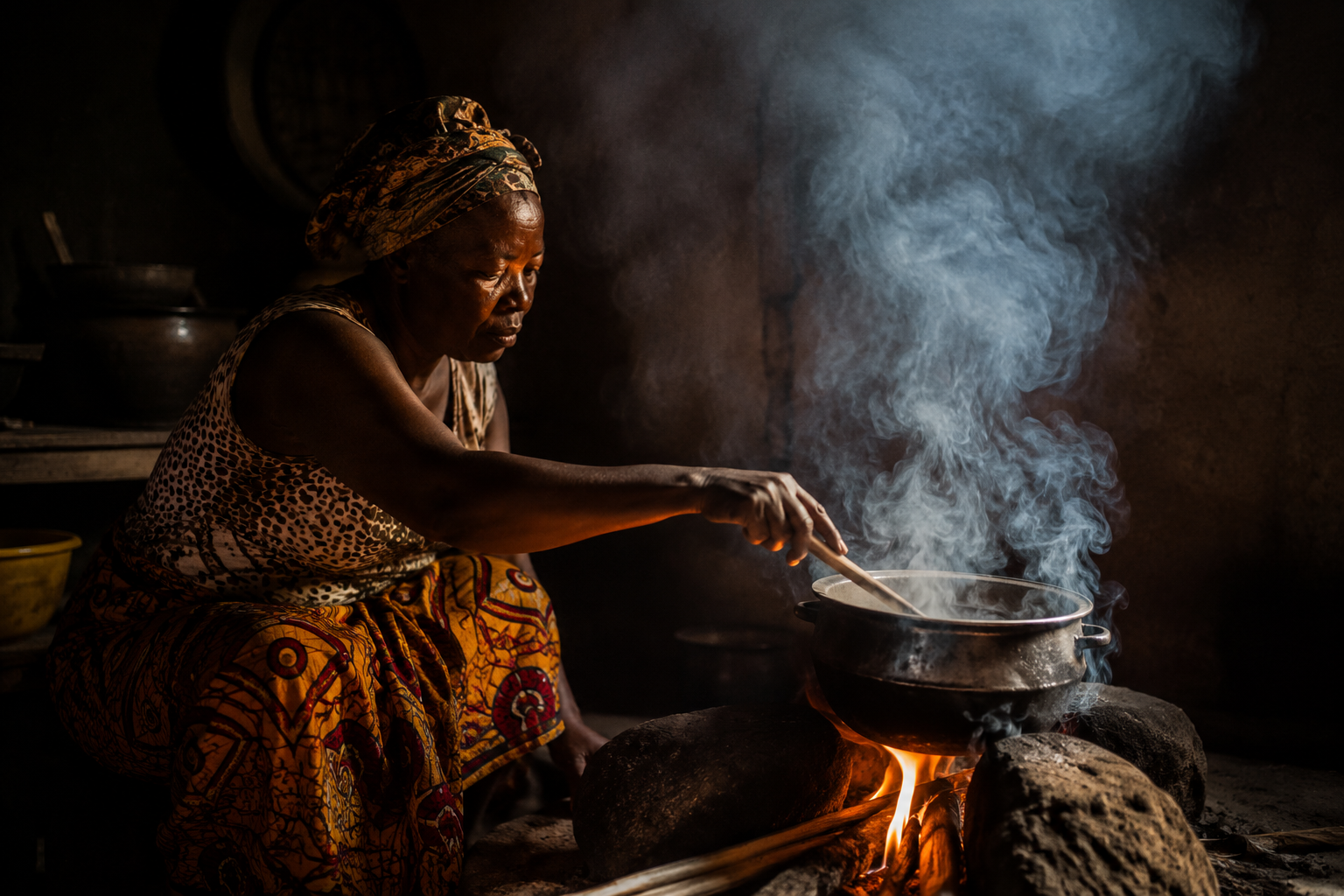 Why Now / Energy — smoke from a wood/charcoal cooking fire in a kitchen.
