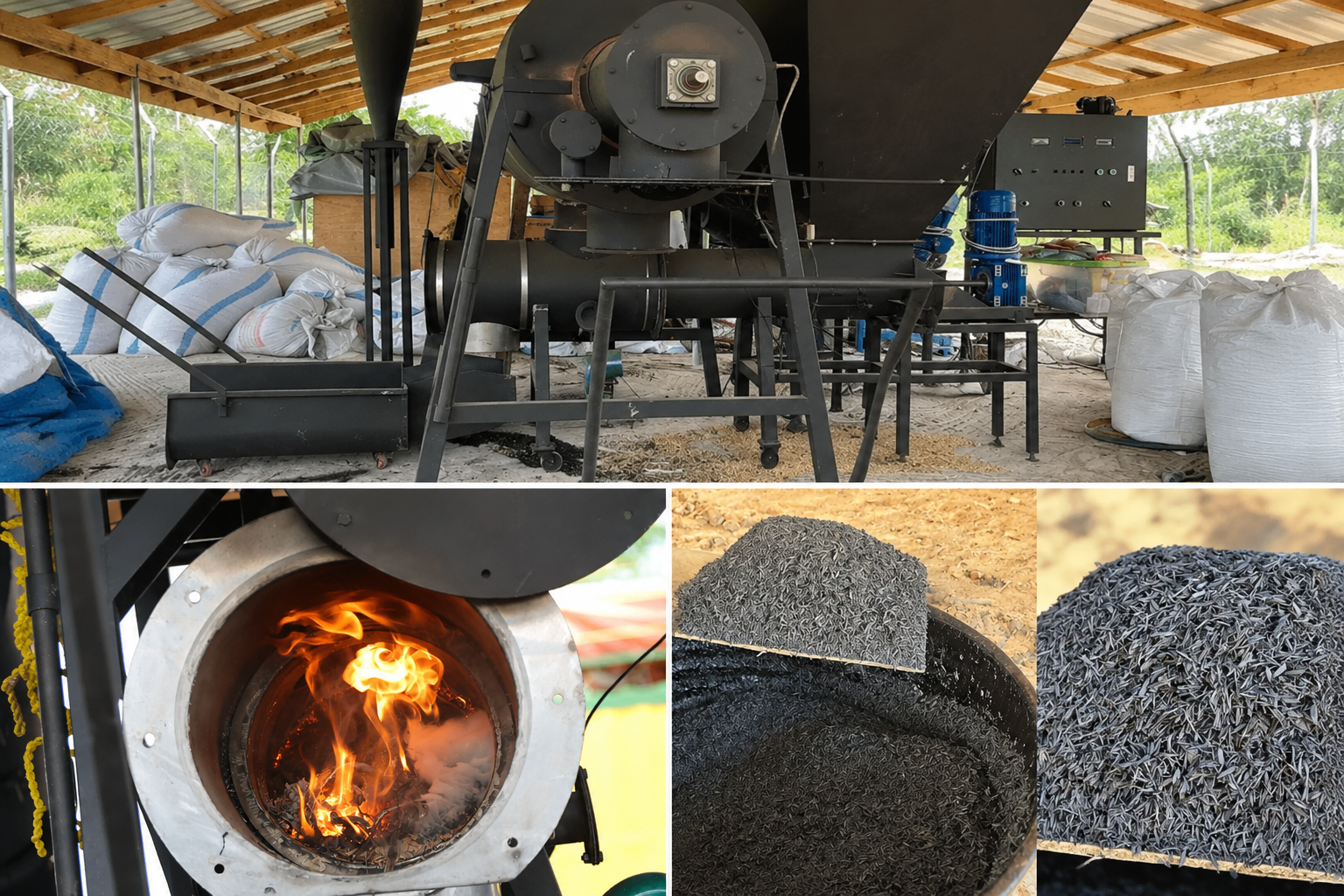 A field-scale biochar production unit in Ghana beside agricultural residues prepared for processing.