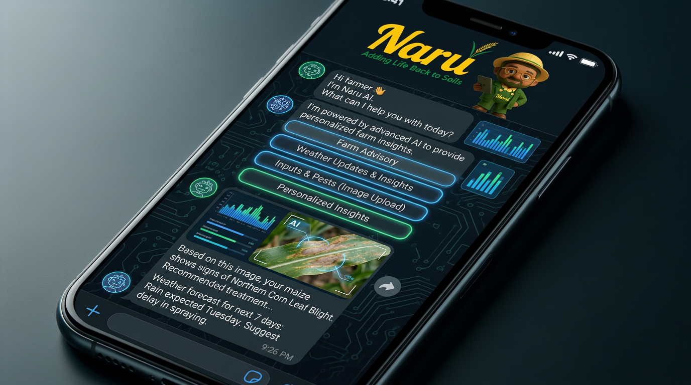 A mobile phone displaying Naru’s WhatsApp chatbot with a farm-specific advice for a local farmer.