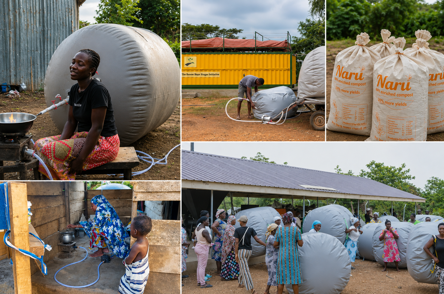 Girl carrying a biogas storage balloon beside a RenewHope community biodigester