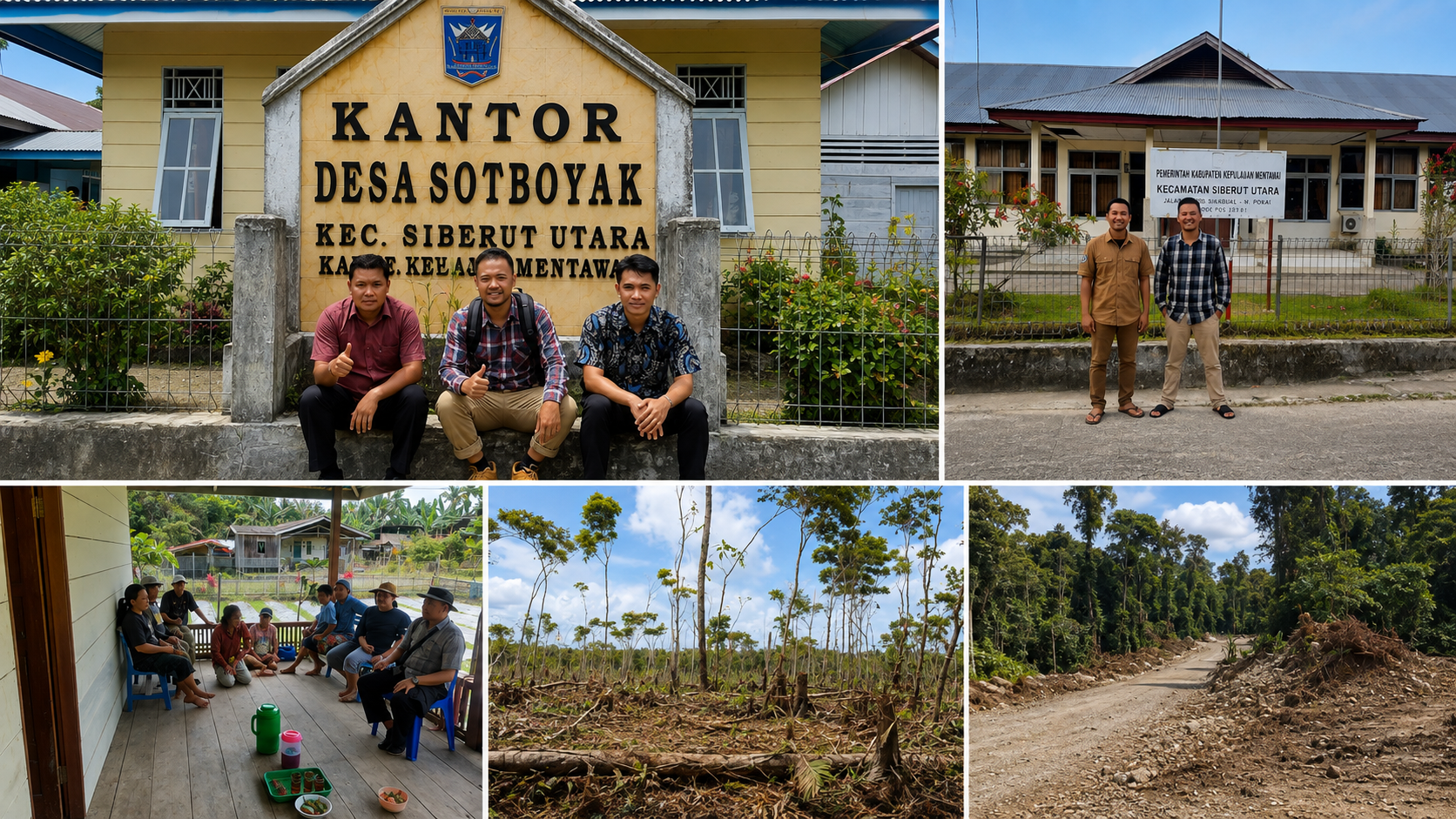 A collage showing community meetings, local government offices, forest clearing and road development on Siberut Island, Indonesia.
