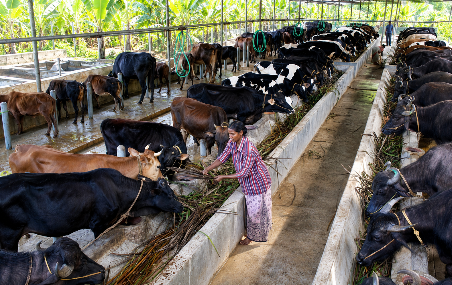 A woman feeding cattle and buffalo in a livestock shed, where animal dung is collected for biogas and organic fertilizer production.