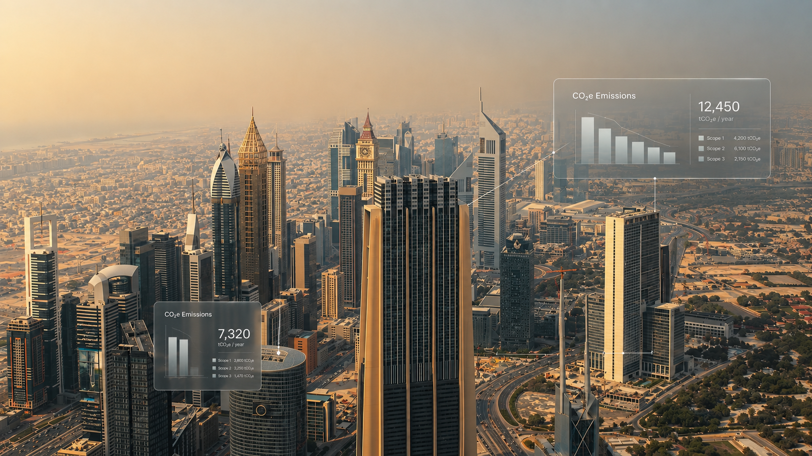 Aerial view of modern commercial buildings in Dubai with emissions reporting